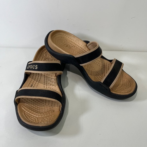 CROCS Shoes - Crocs Cleo Sandals Women Size 6 Black Tan Double Strap Comfort Slides Casual